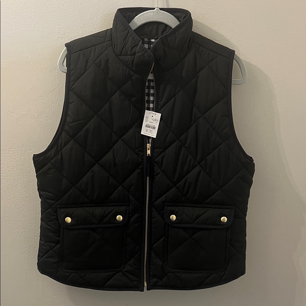 J. Crew Factory Black Quilted Vest with Gold Zipper